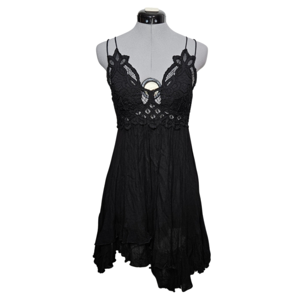 Free People One Women's SIZE S Adella Lace Slip Y2K Whimsigoth Mini Dress Black